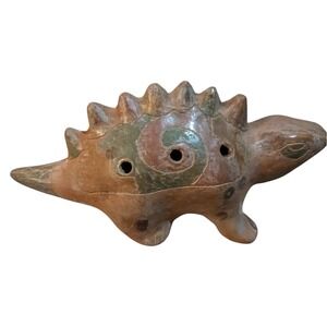 Mexican Folk Art Handmade Clay Iguana Ocarina Flute Ceramic Lizard Sculpture 8''